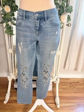 bebe Distressed Blue Skinny Jeans with Embellishments